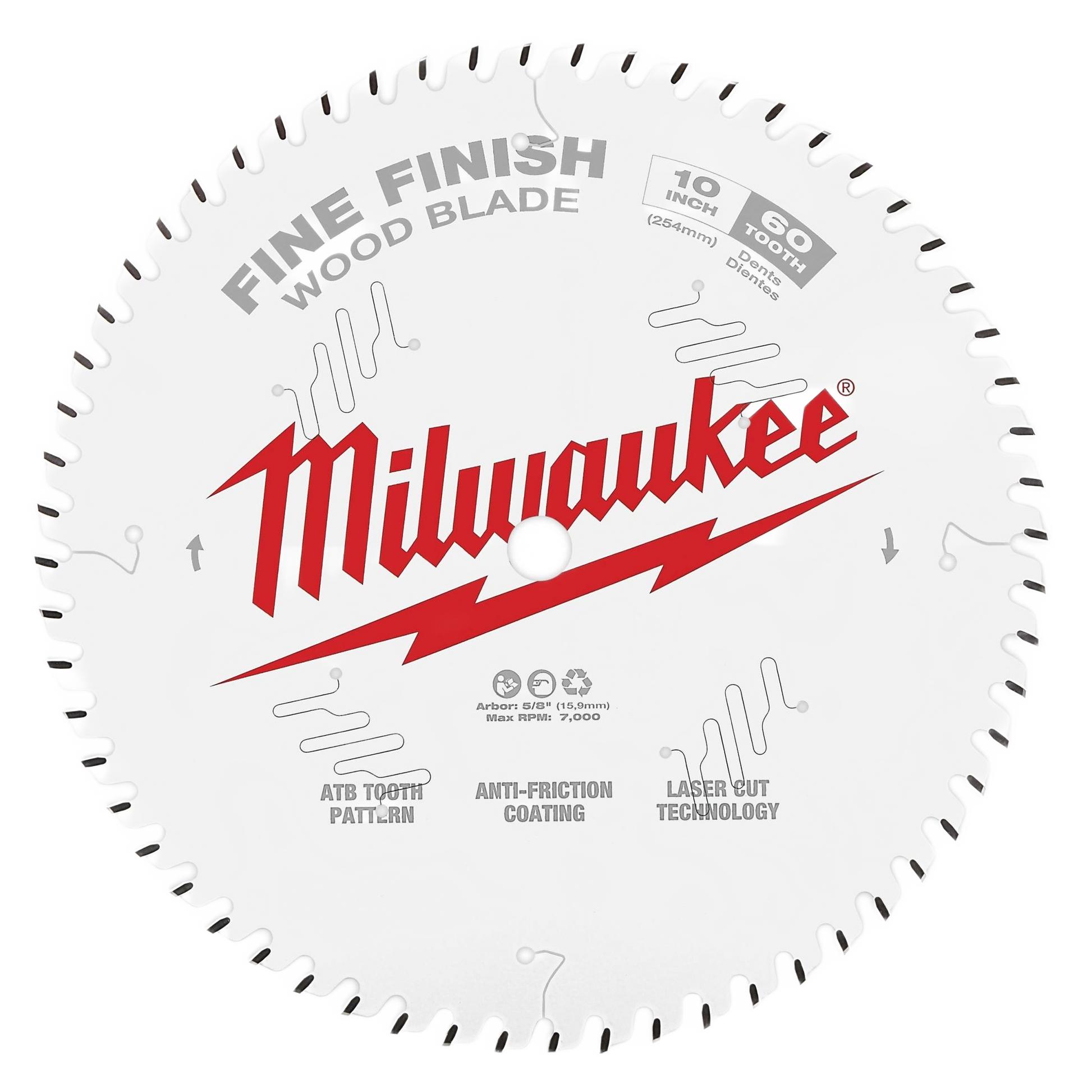 Milwaukee 10-inch wood-cutting blade with 60 teeth, fine finish, laser-cut design, and anti-friction coating for home improvement tasks