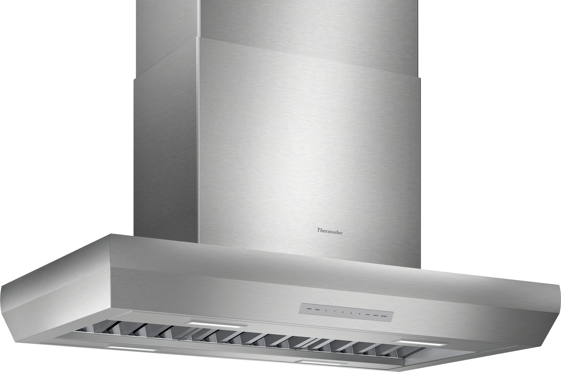Modern stainless steel island range hood with sleek vent design, part of Thermador appliances at Hartville Hardware for kitchen improvement and home upgrade.