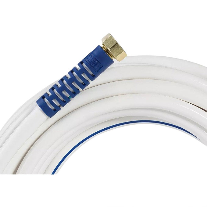 White flexible drinking water hose with blue reinforcement sleeve and brass connector for RV and marine use