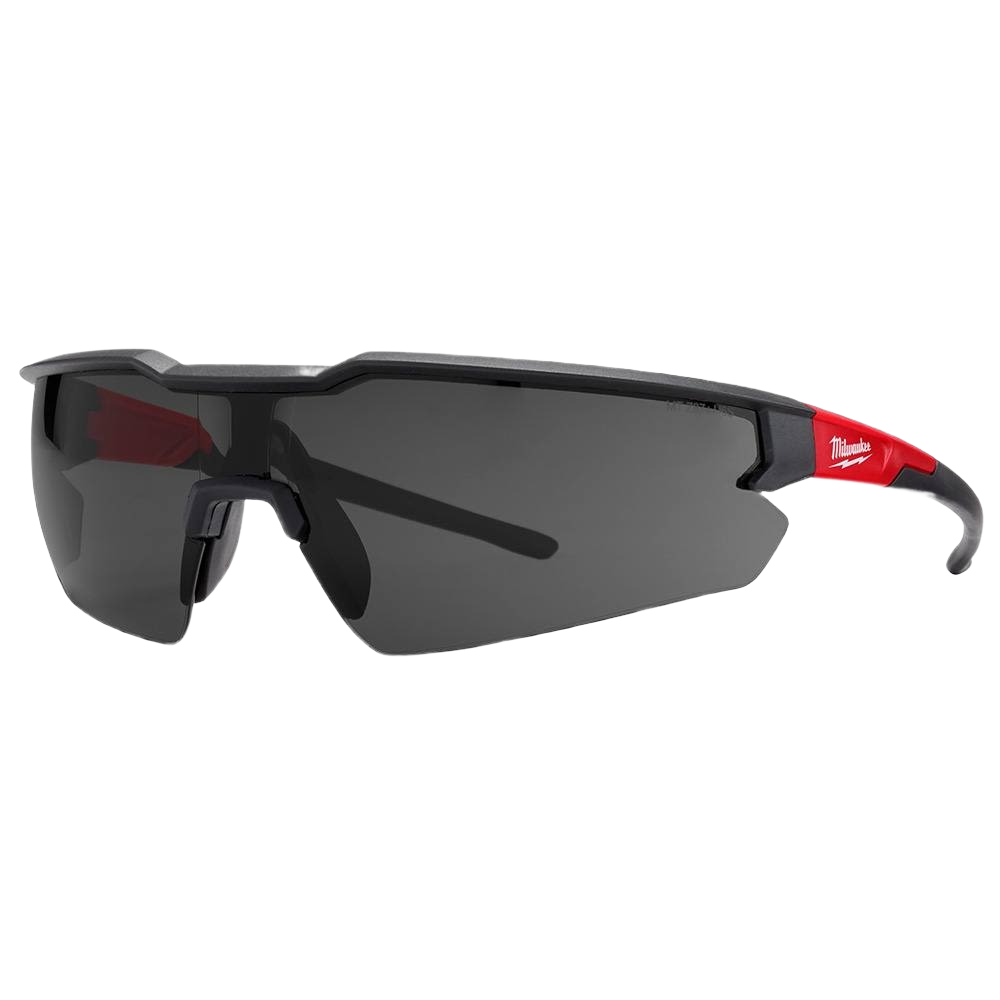 Black tinted safety glasses with fog-resistant lenses and red accents designed for protective eyewear in home improvement tasks
