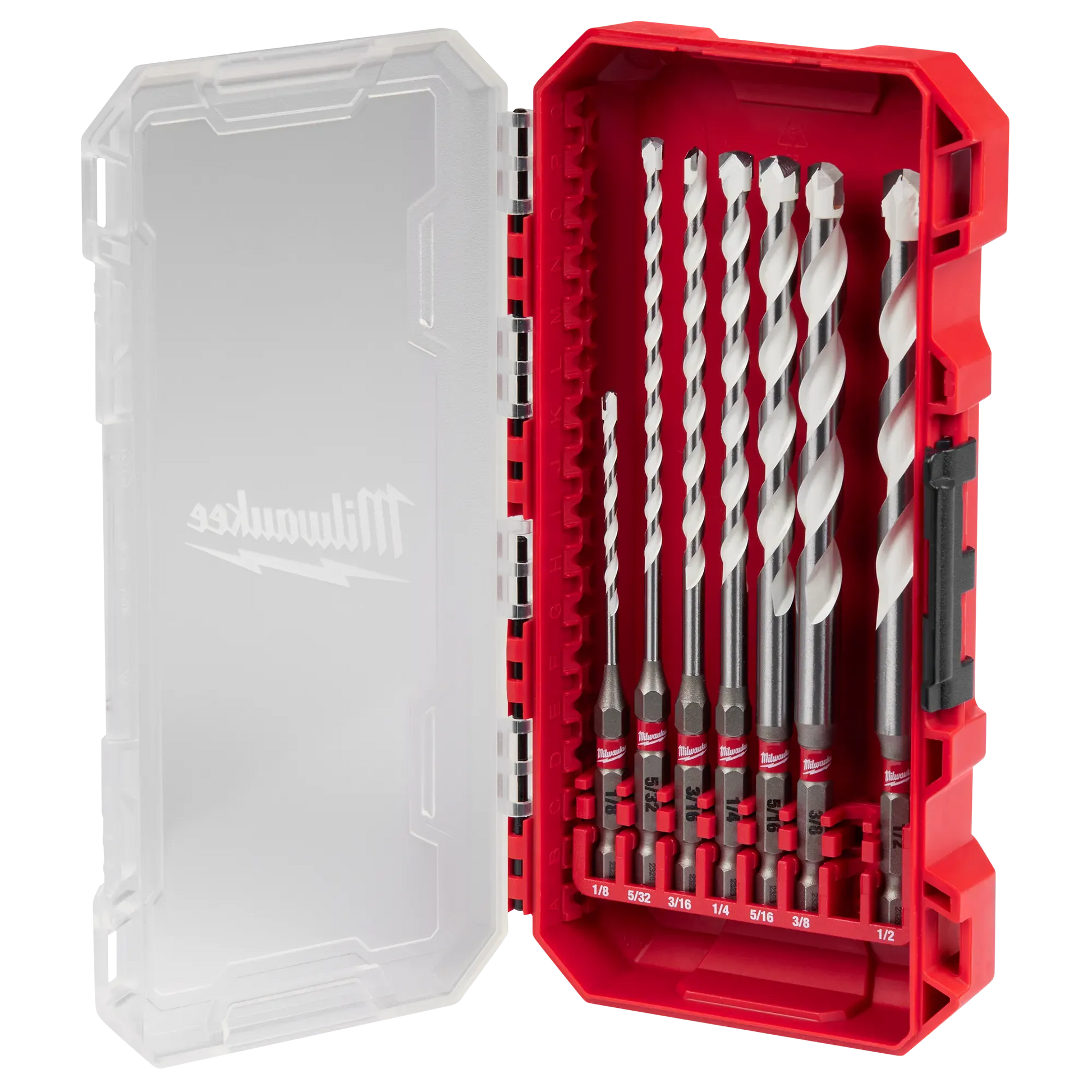 Red and silver drill bit set in a sturdy case for multi-material impact drilling in home improvement projects