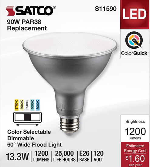 Silver PAR38 LED light bulb with medium base, color-selectable, dimmable, ideal for lighting and home improvement tasks