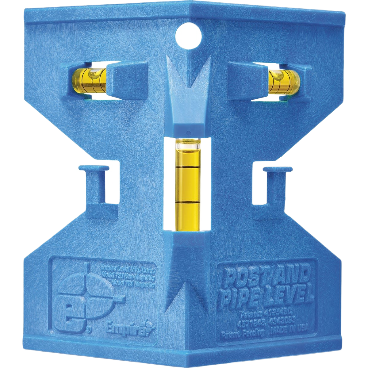 Blue plastic post level with three yellow bubble vials for precise alignment in home improvement projects