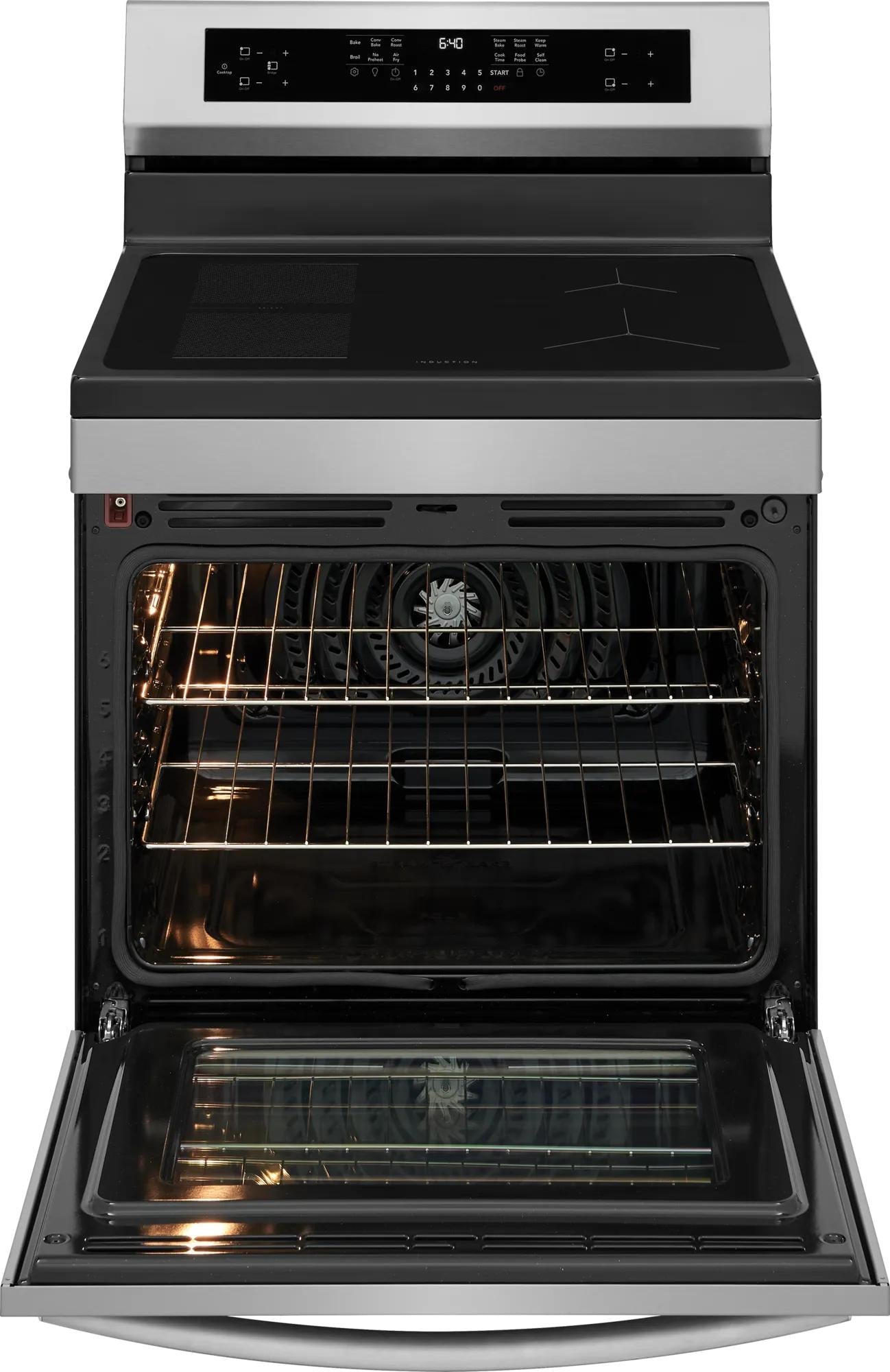 Stainless steel freestanding induction range with open oven door, convection fan, and digital controls in Kitchen & Kitchenware collections