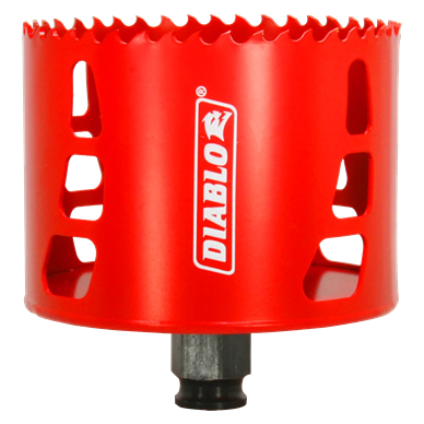 Red metal hole saw with Diablo logo and vented side slots for fast cutting in woodworking and power tool accessories