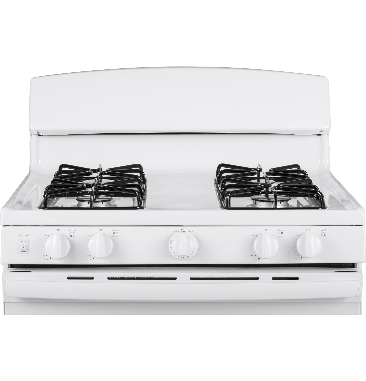 White freestanding gas range with four burners and front control knobs for home improvement and kitchen use