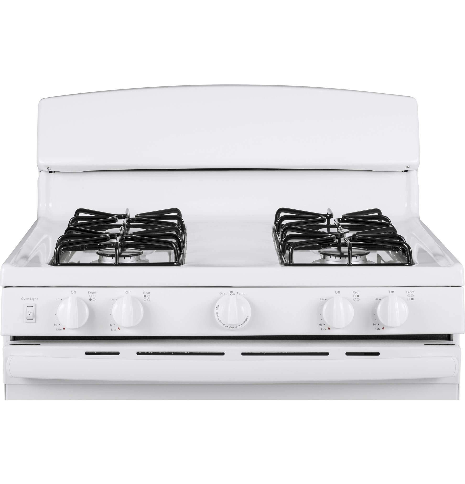 White freestanding gas range with four burners and front control knobs for home improvement and kitchen use