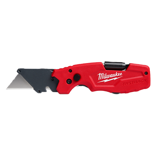 Compact folding utility knife with red handle and exposed blade in cutting tools and woodworking hand tools collection