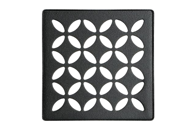 Matte black floral drain grate with square shape for tile flooring in home improvement and flooring collections