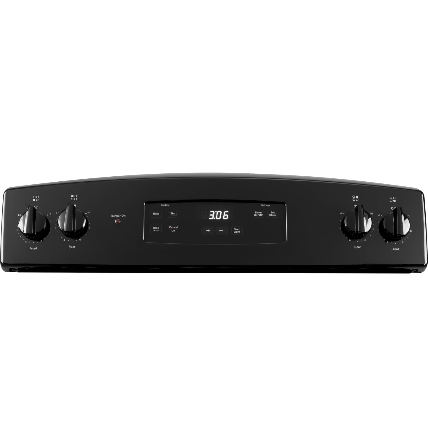 Black control panel for electric range with knobs and digital display showing time in Ranges and Kitchen & Kitchenware collections