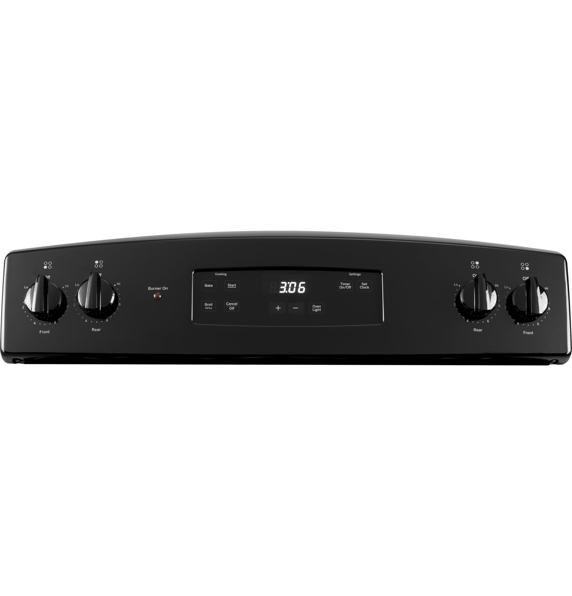 Black control panel for electric range with knobs and digital display showing time in Ranges and Kitchen & Kitchenware collections
