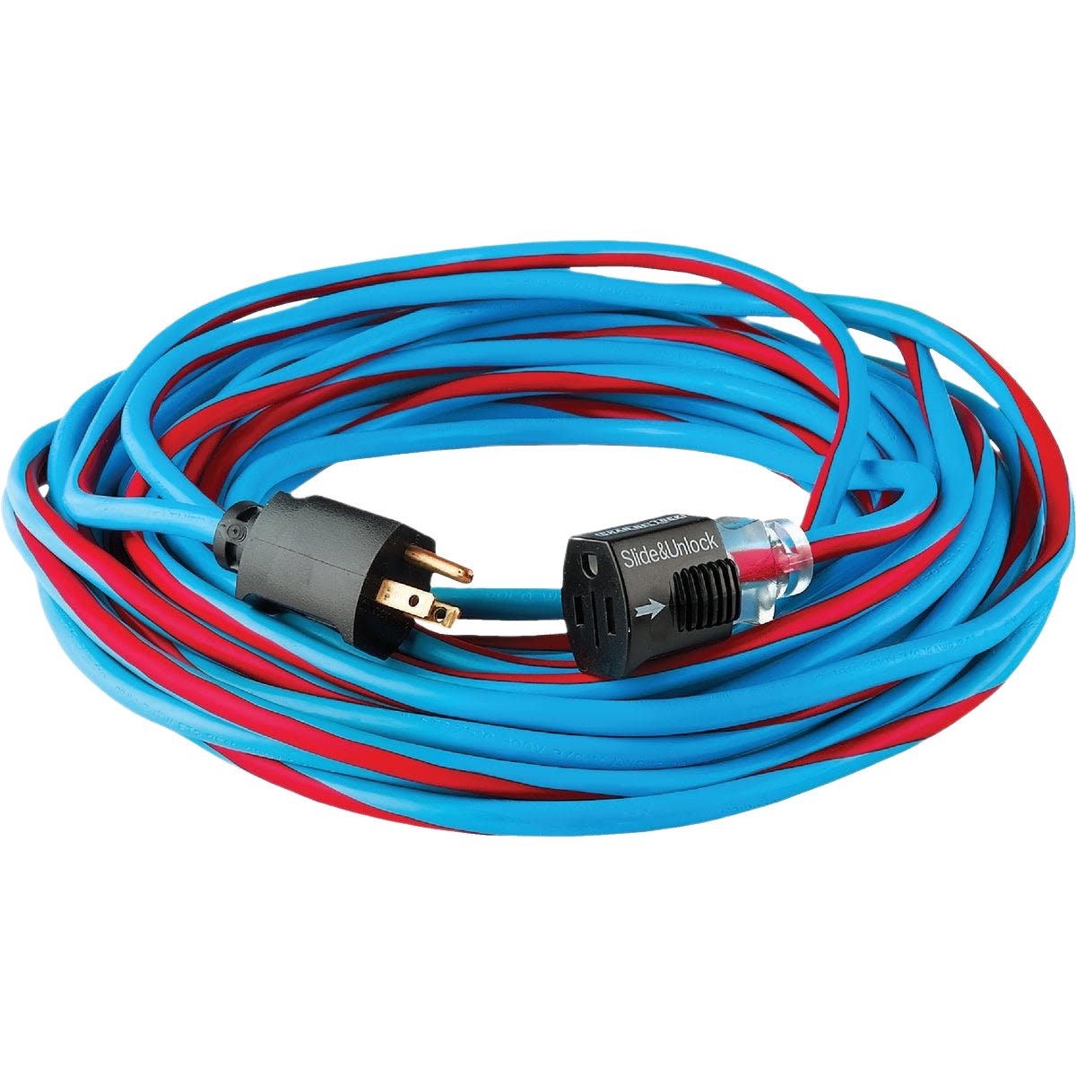Blue and red 14/3 extension cord with slide lock outlet and three-prong plug for home improvement projects