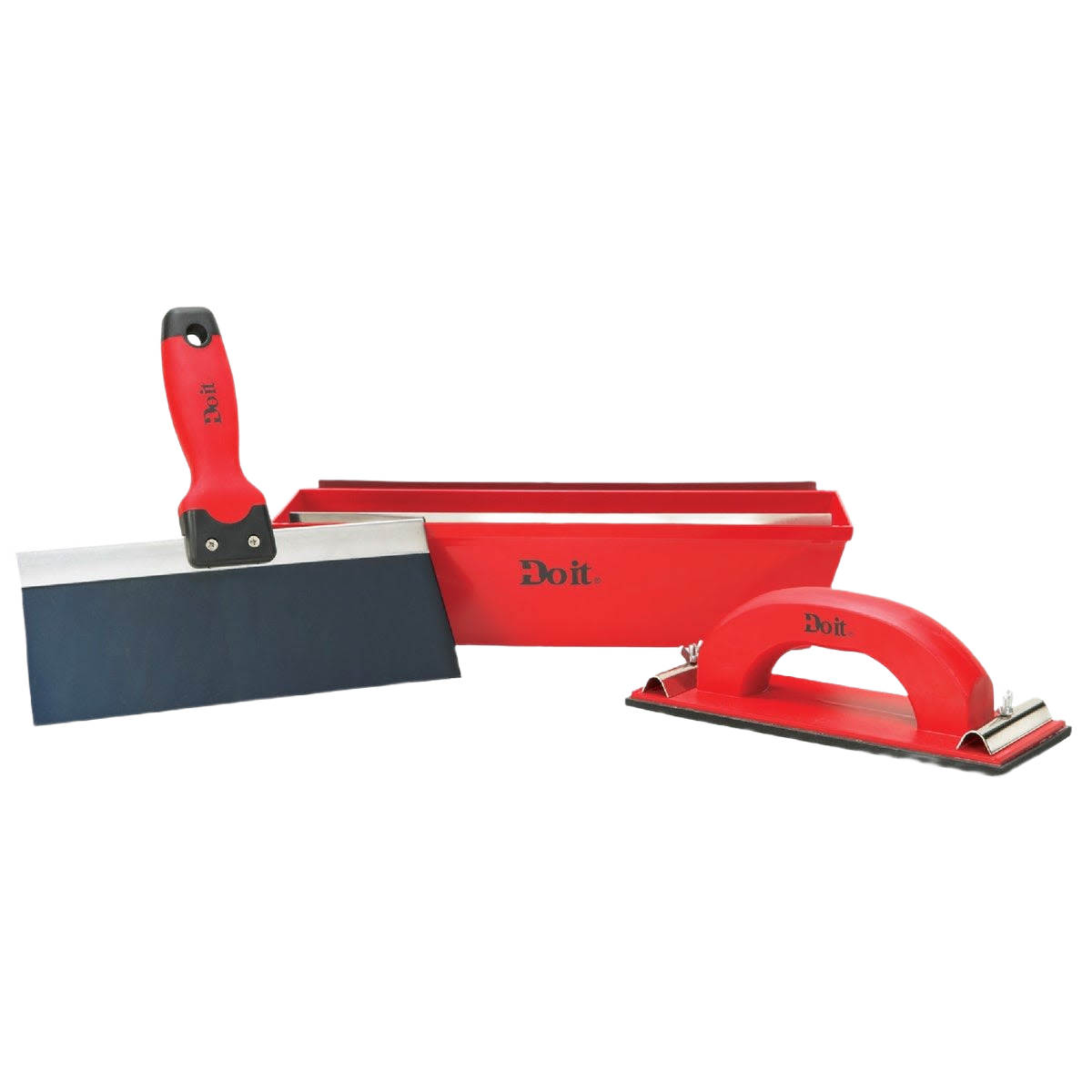 Red drywall taping knife, mud pan, and sanding block set for tools and home improvement use