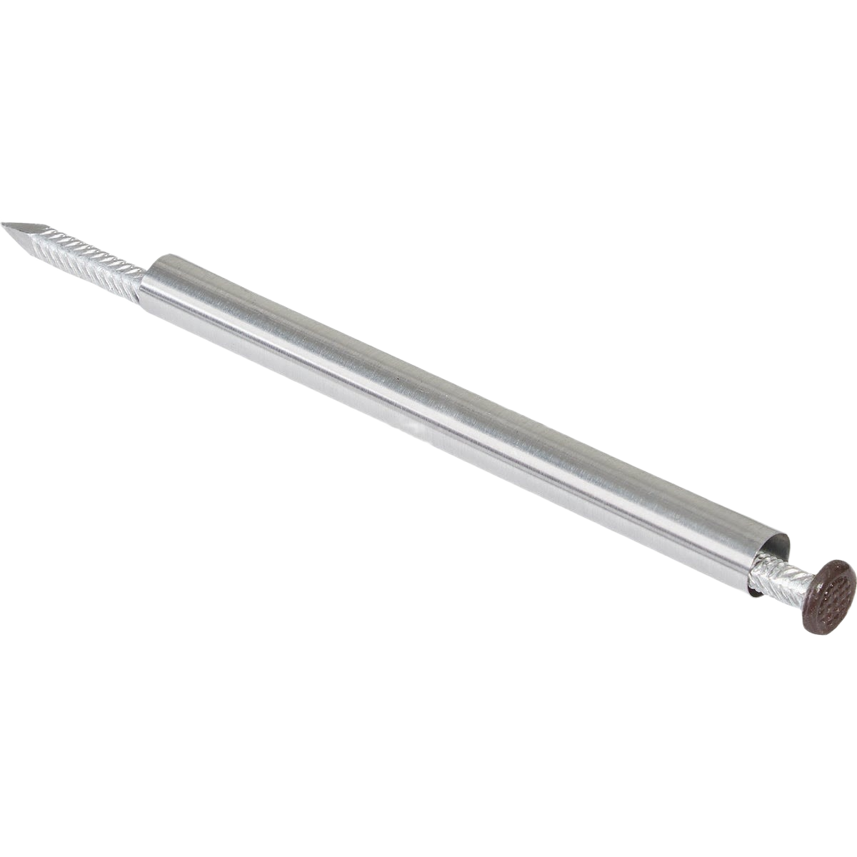 Brown metal gutter spike with hollow ferrule for roofing and home improvement hardware applications