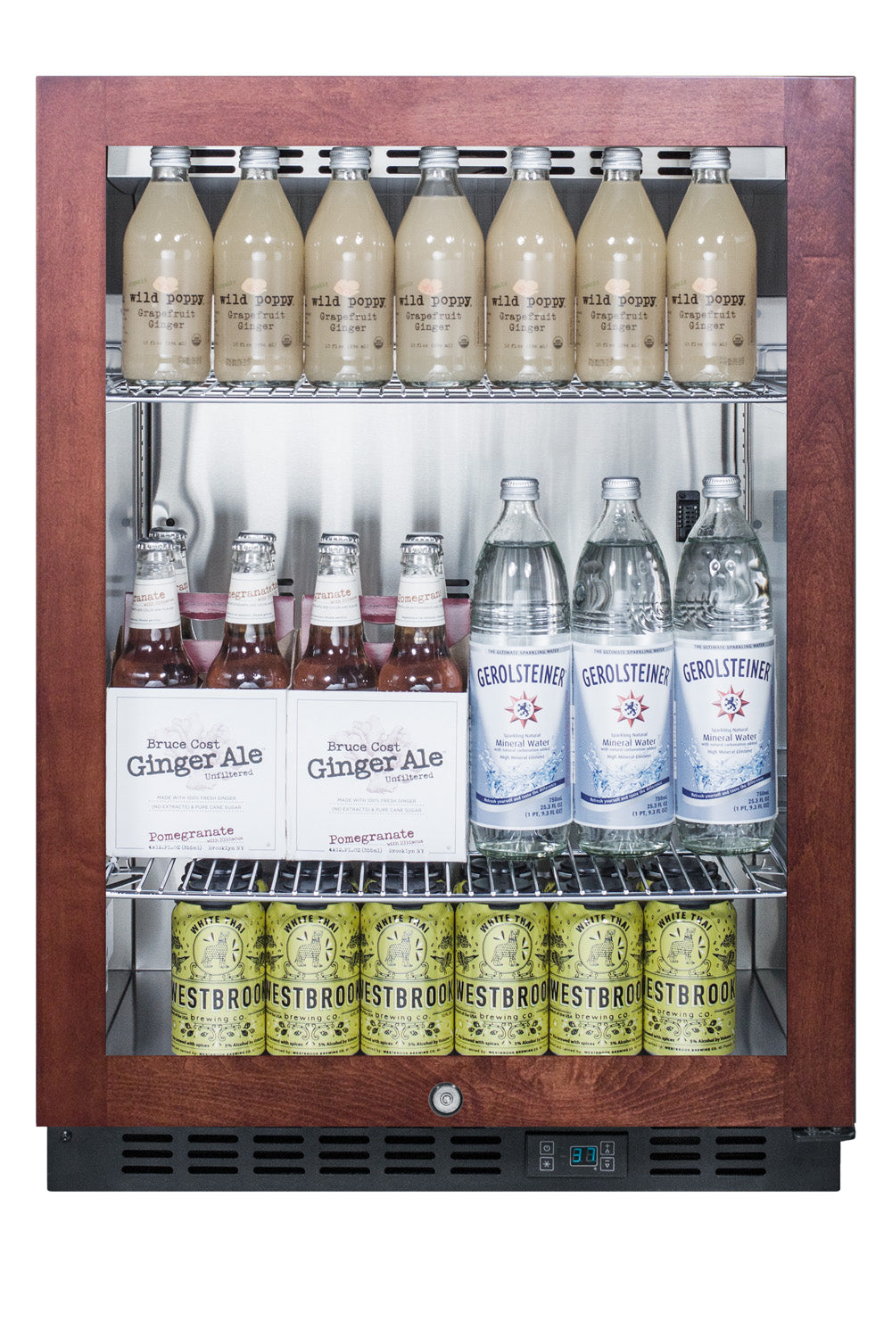 Built-in beverage center with wood-framed glass door displaying assorted bottled drinks in kitchen appliances collection