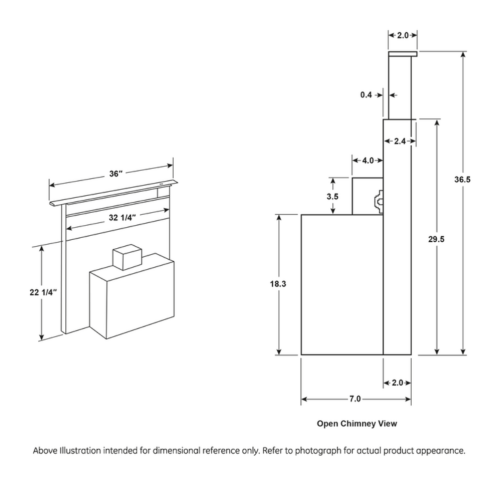 Technical diagram showing dimensions of a 36-inch telescopic downdraft system for kitchen ventilation and home improvement.