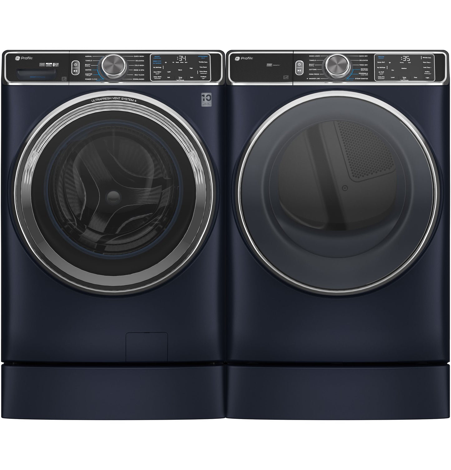 Dark blue front load washer and dryer set with digital controls and pedestal base in modern appliances collection
