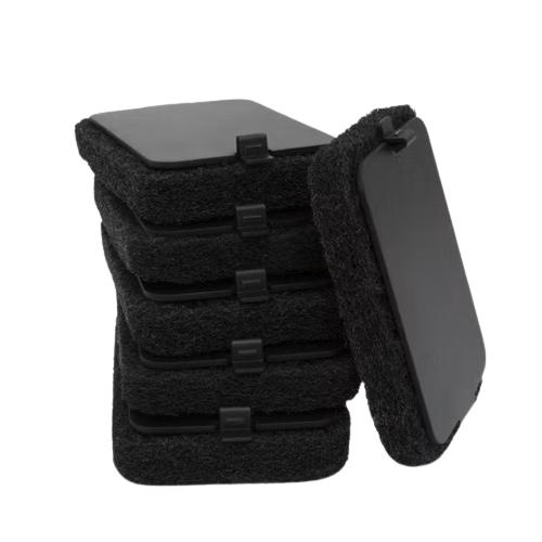 Stack of six black griddle scour pads with plastic back, part of grill accessories for outdoor cooking and grilling tools under $50