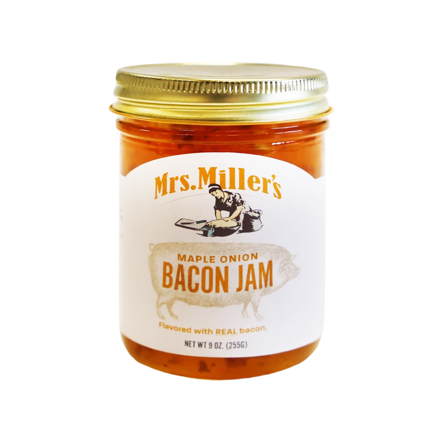 Glass jar of maple onion bacon jam with metal lid in jams and jellies food and beverage collection