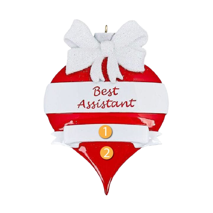 Red teardrop-shaped Christmas ornament with white bow and "Best Assistant" text for holiday tree decoration