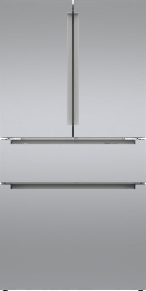 Close-up front view of stainless steel French door refrigerator with bottom freezer in Bosch appliances collection