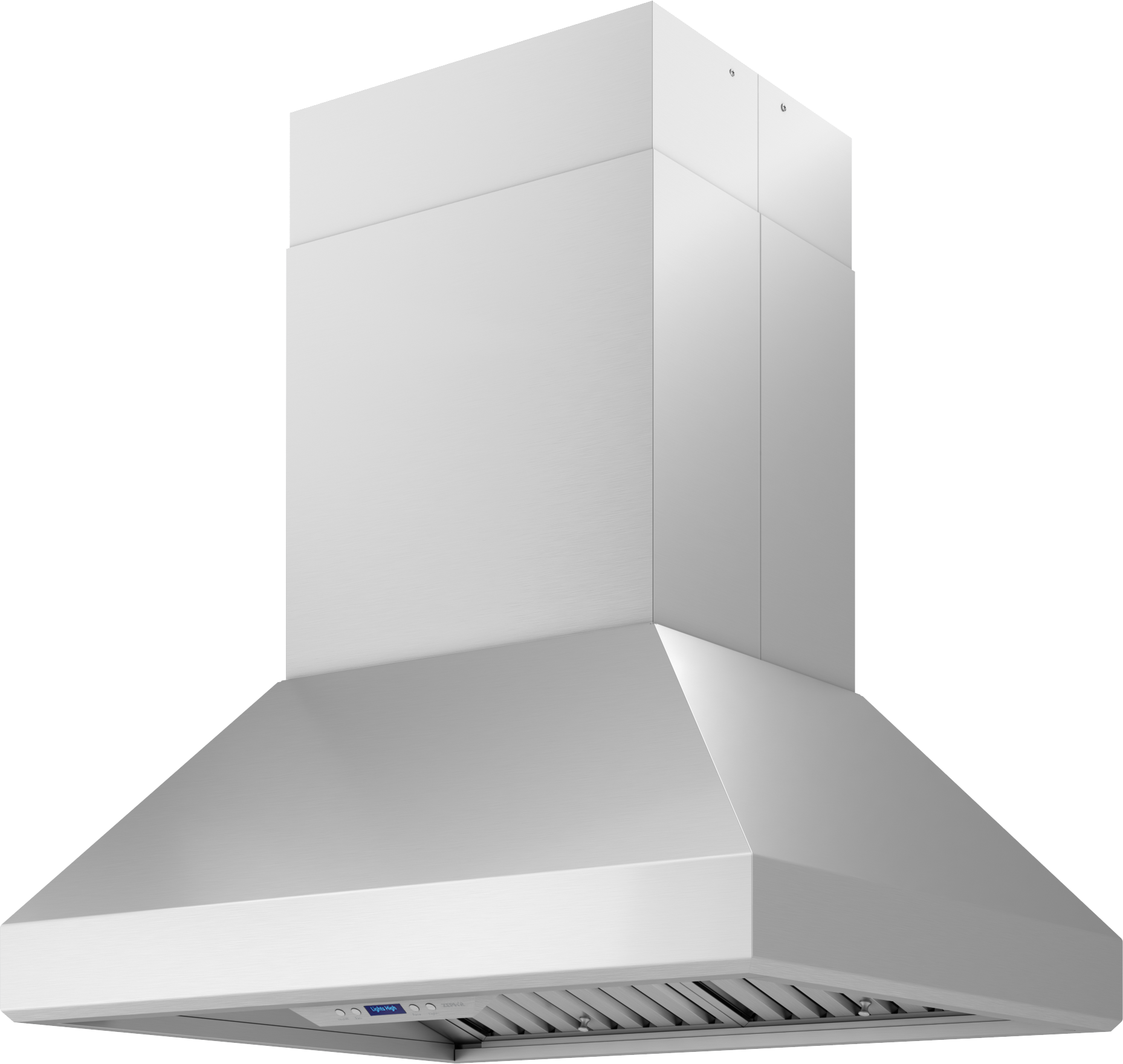 Brushed stainless steel island range hood with powerful blower for kitchen ventilation in home improvement collections