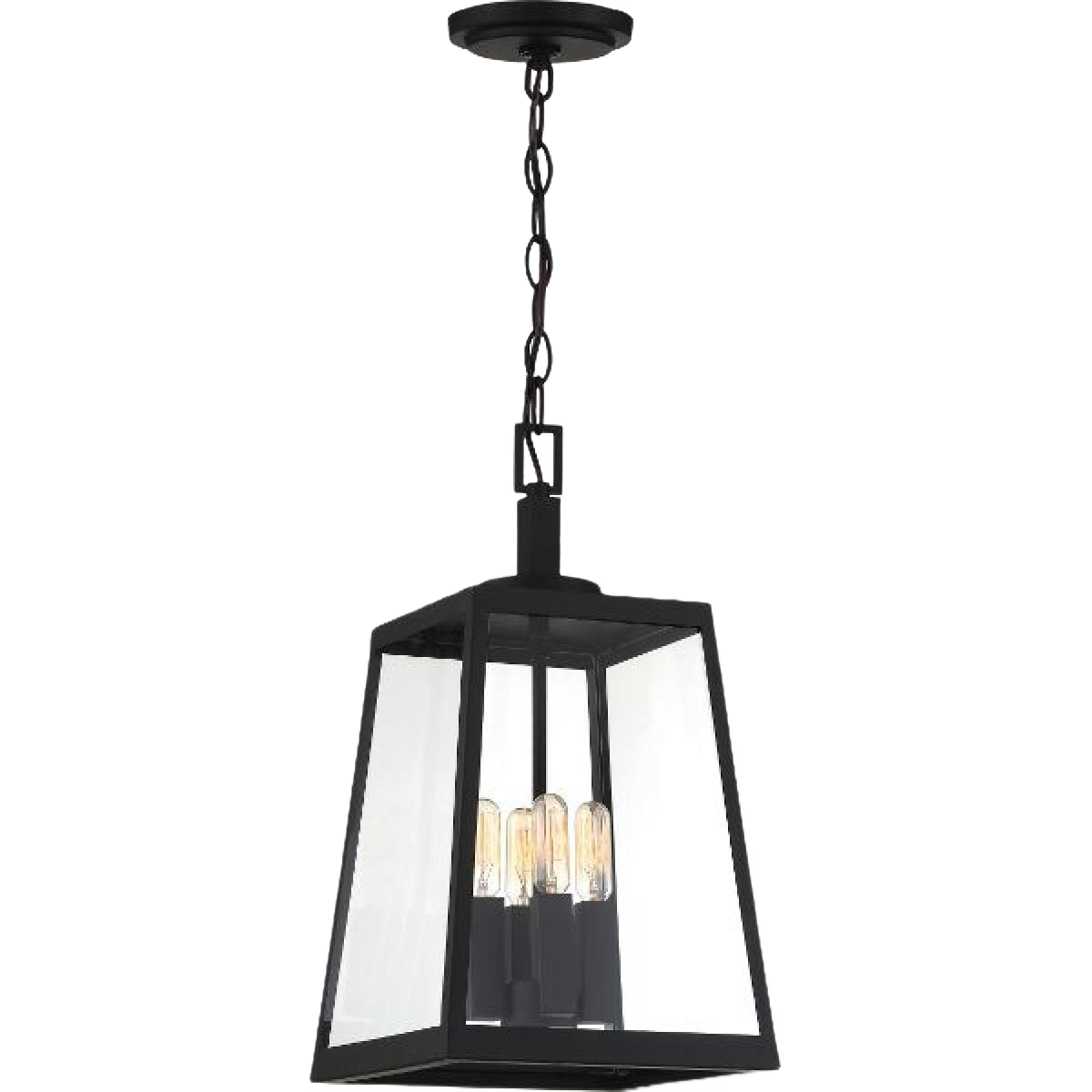 Matte black outdoor hanging lantern with clear glass panels and four vintage-style bulbs for outdoor lighting collections
