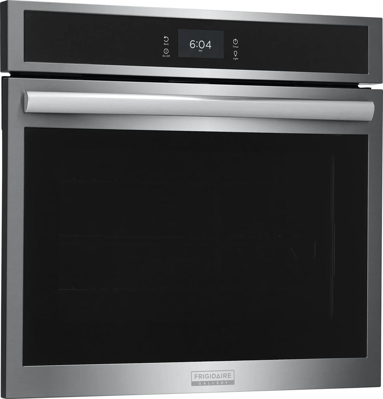 Stainless steel electric wall oven with sleek digital display and curved handle in modern kitchen appliance setting