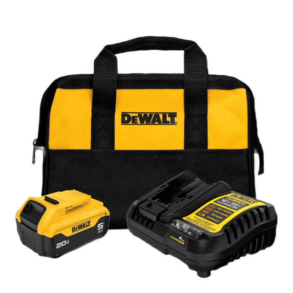 Yellow and black battery and charger kit with durable carrying bag for reliable tools and home improvement use