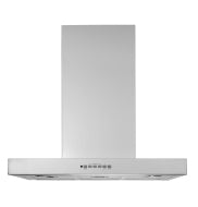 Sleek stainless steel wall mount range hood with touch controls and dimmable LED lighting in kitchen appliance collection