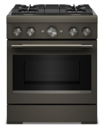 30-inch commercial-style dual fuel range with four burners, stainless steel knobs, and electric oven in KitchenAid collection