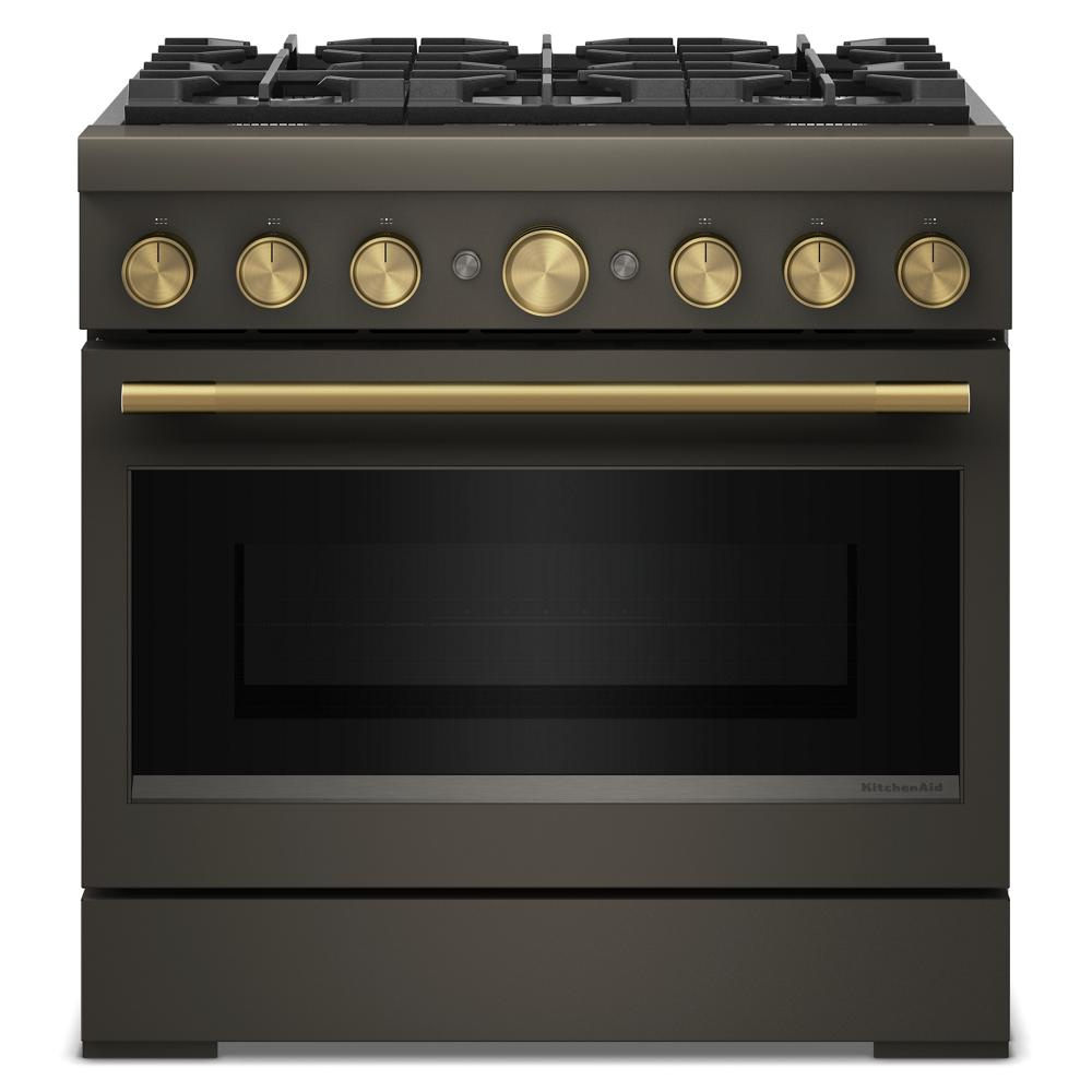 36-inch commercial-style dual fuel range with six burners, bronze finish, brass control knobs, and large oven window in kitchenware collection