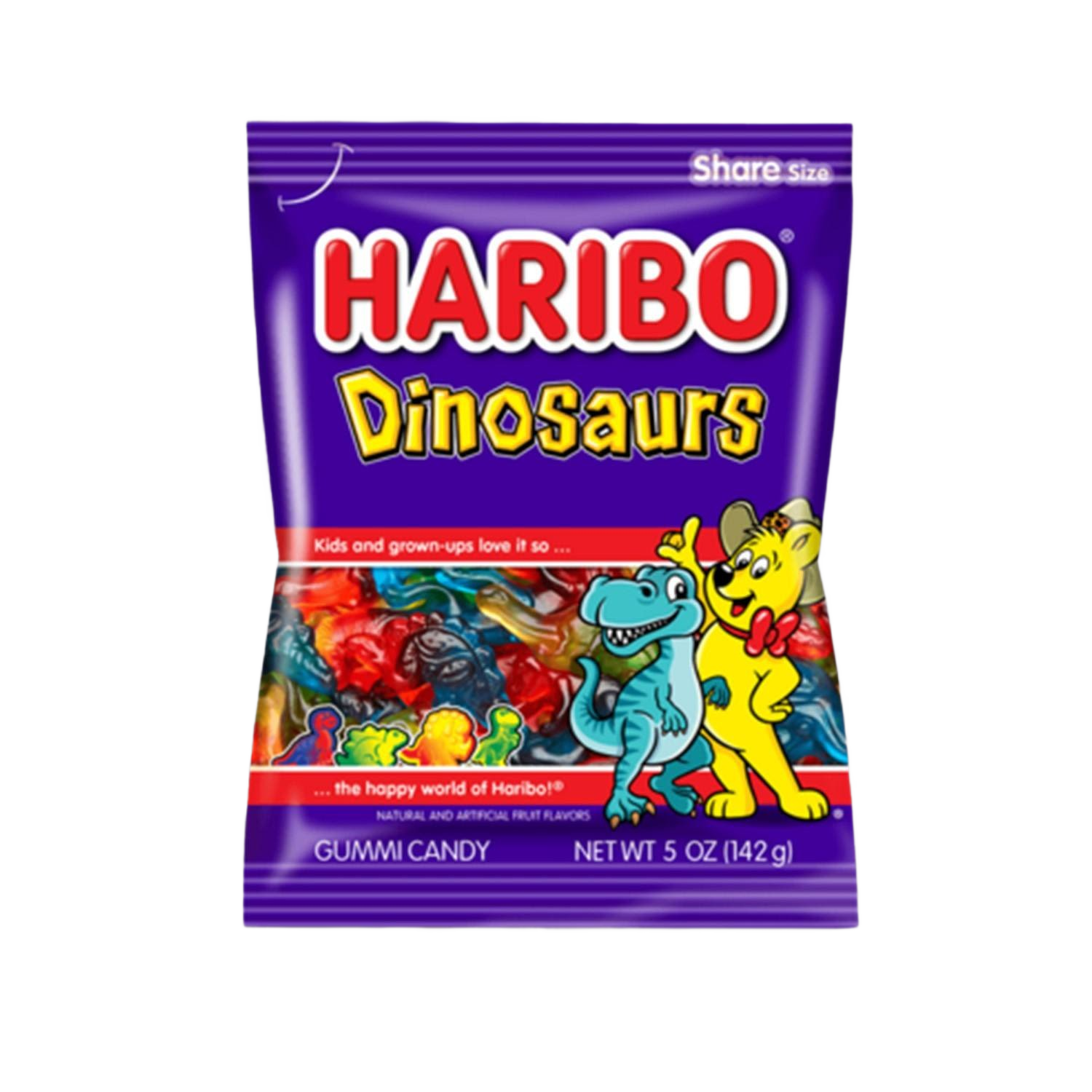 Colorful dinosaur-shaped gummy candies in a purple bag from the chocolates and candies collection under $50