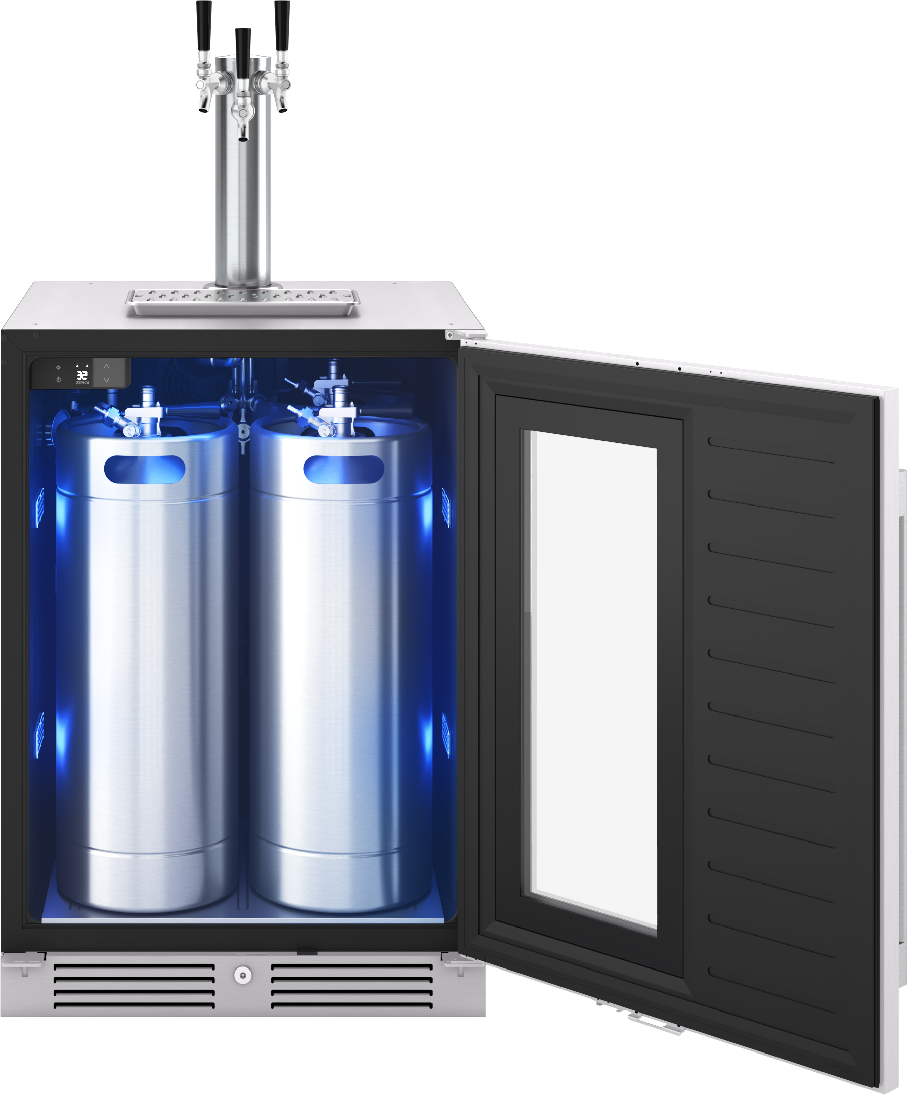 Open stainless steel beverage cooler with dual kegs inside and triple tap tower on top in appliance setting