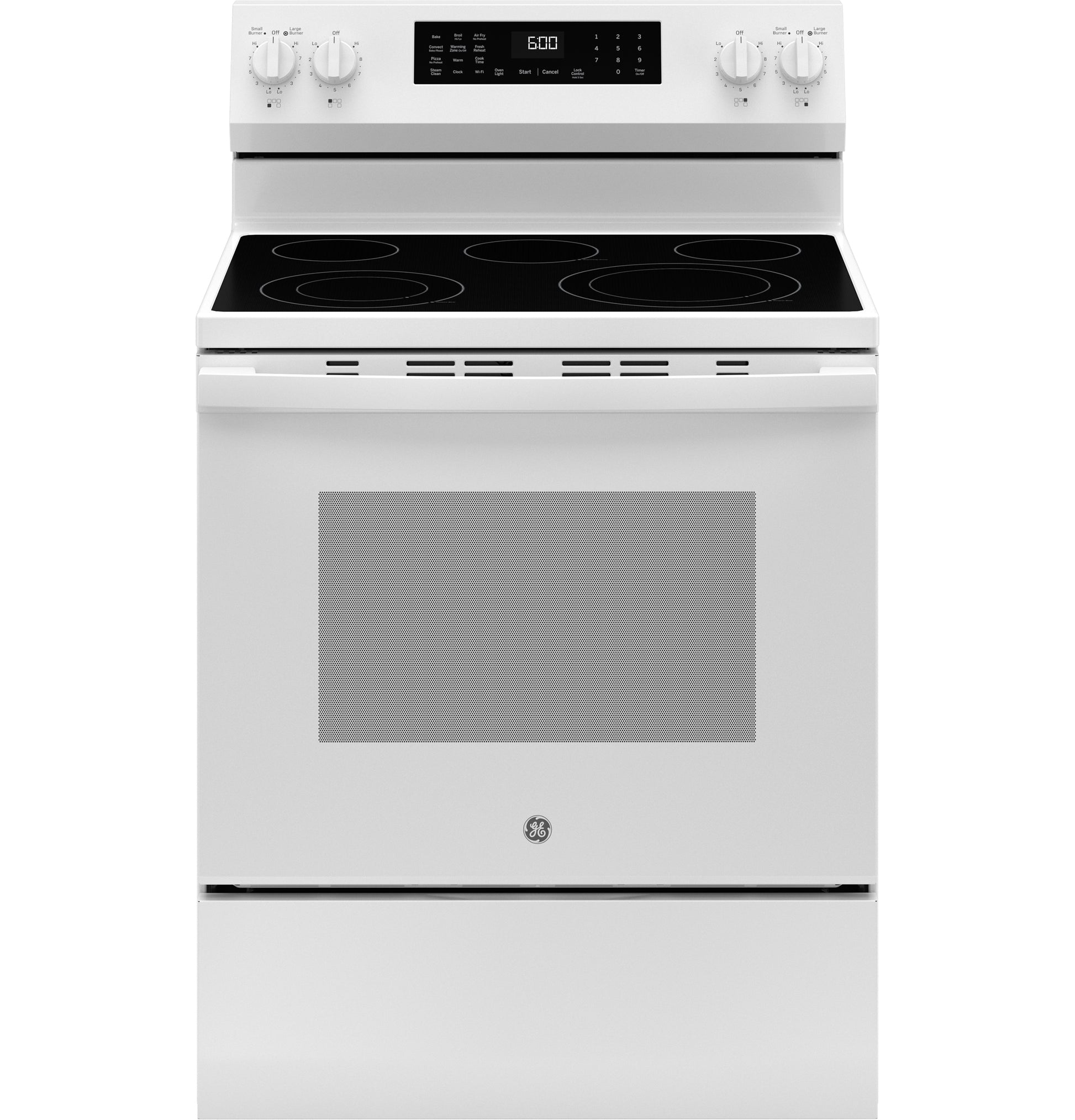 White free-standing electric range with smooth glass cooktop and digital control panel in kitchen appliances collection