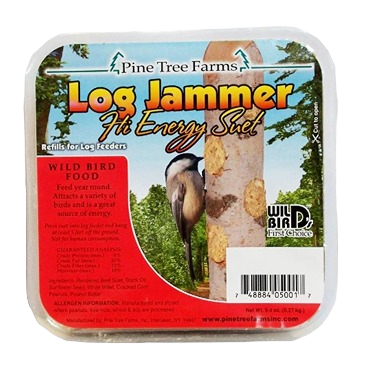 Square package of high energy log jammer suet plugs designed for wild bird feeding year-round outdoors