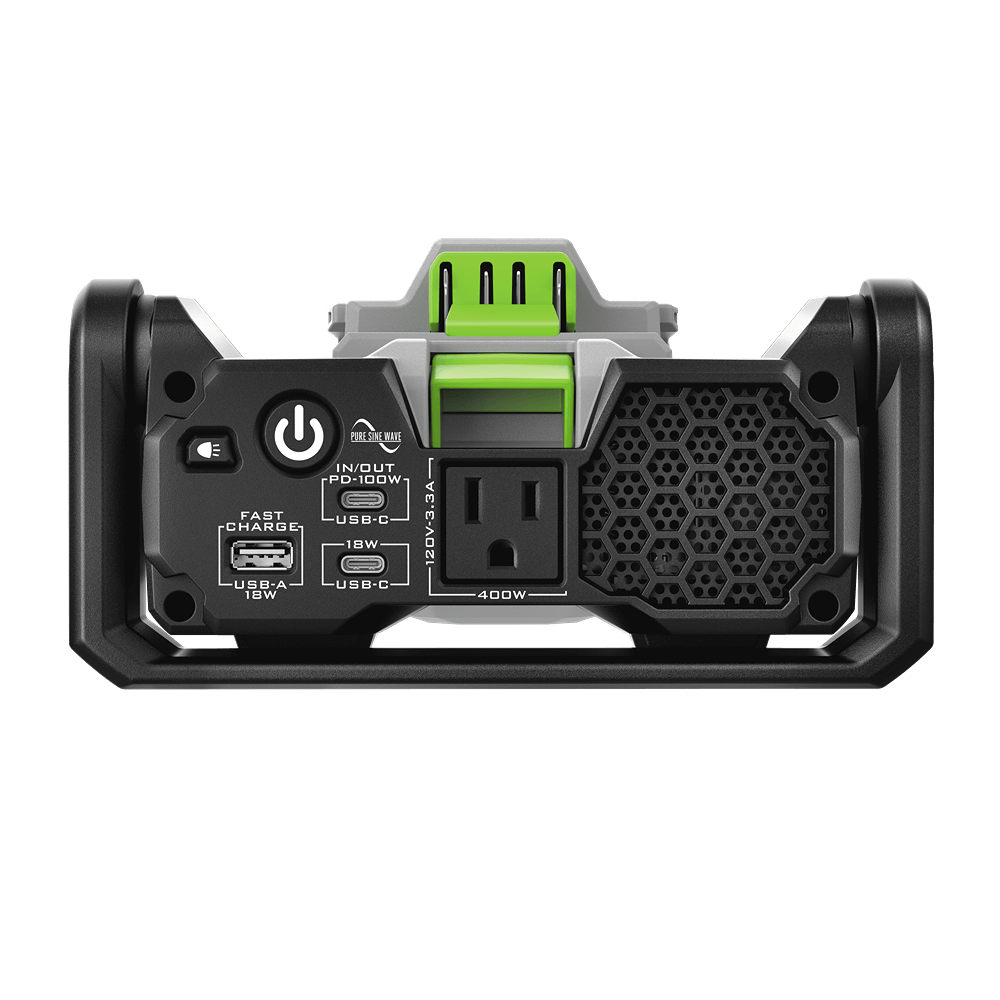 Compact inverter with 400W output, USB-A and USB-C fast charging ports, and standard power outlet for home improvement tools
