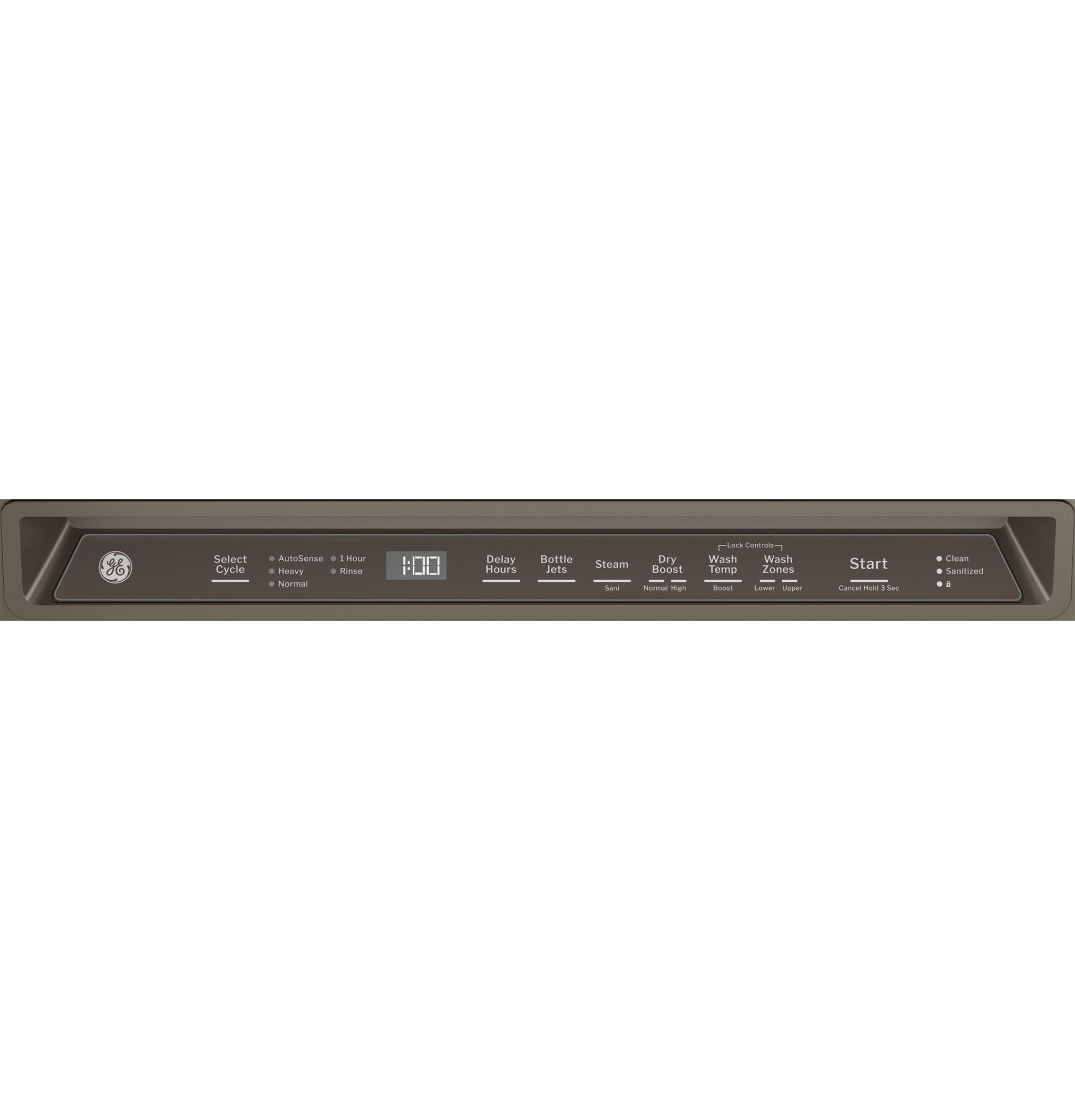 Control panel of front control dishwasher with digital display and multiple cycle settings in kitchen appliances and dishwashers collection
