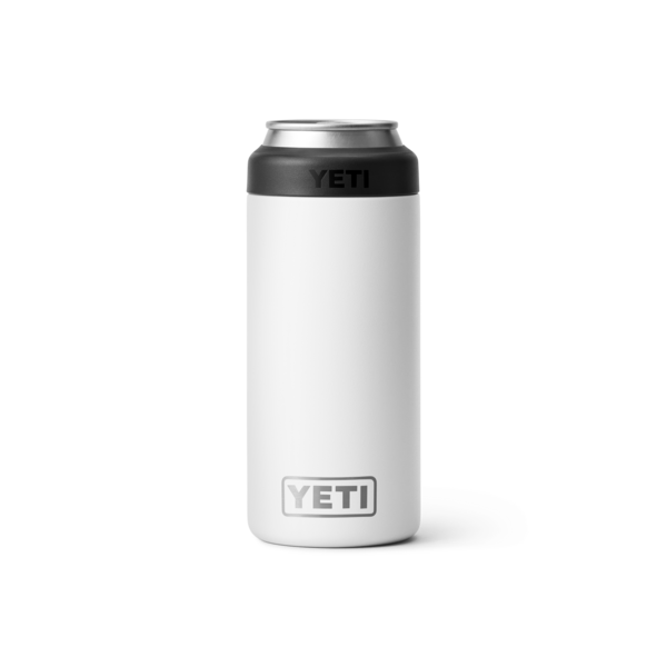 White slim can insulator with black top edge and subtle logo, designed to keep 12 oz. slim cans cold, part of Drinkware and Kitchen & Kitchenware collections.