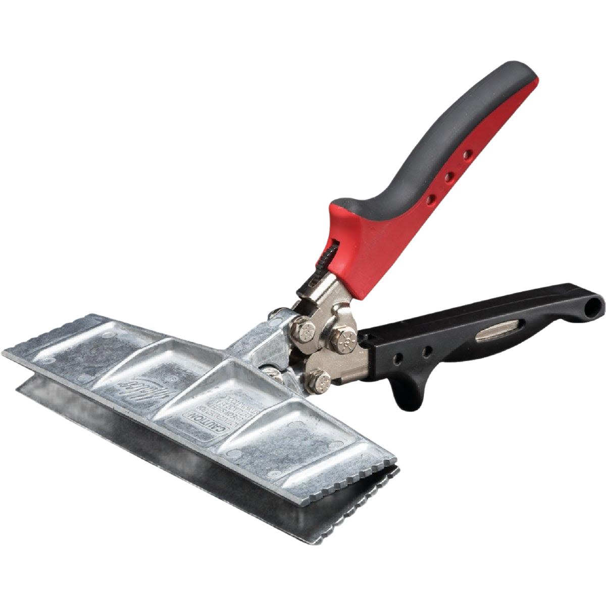 Metal hand seamer tool with red and black ergonomic handles for bending and shaping sheet metal in home improvement projects