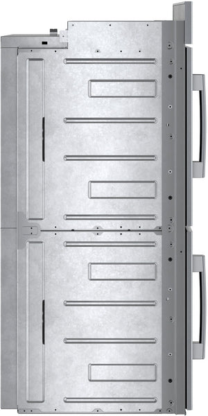 Side view of stainless steel double wall oven with two handles in kitchen appliances and wall ovens collection