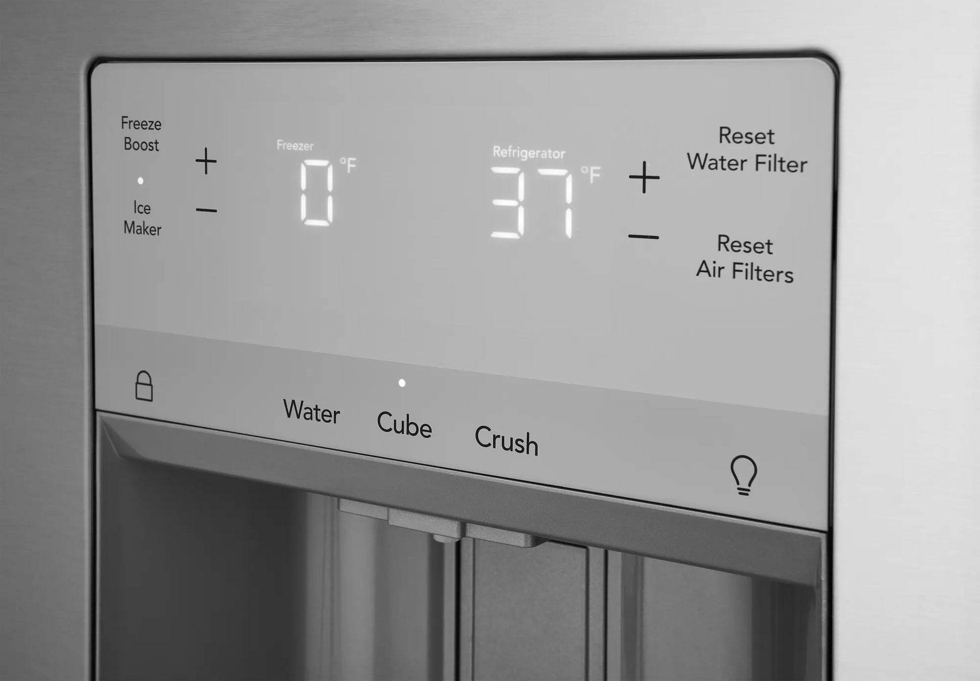 Digital temperature and filter reset control panel on stainless steel refrigerator with water and ice dispenser in Appliances collection