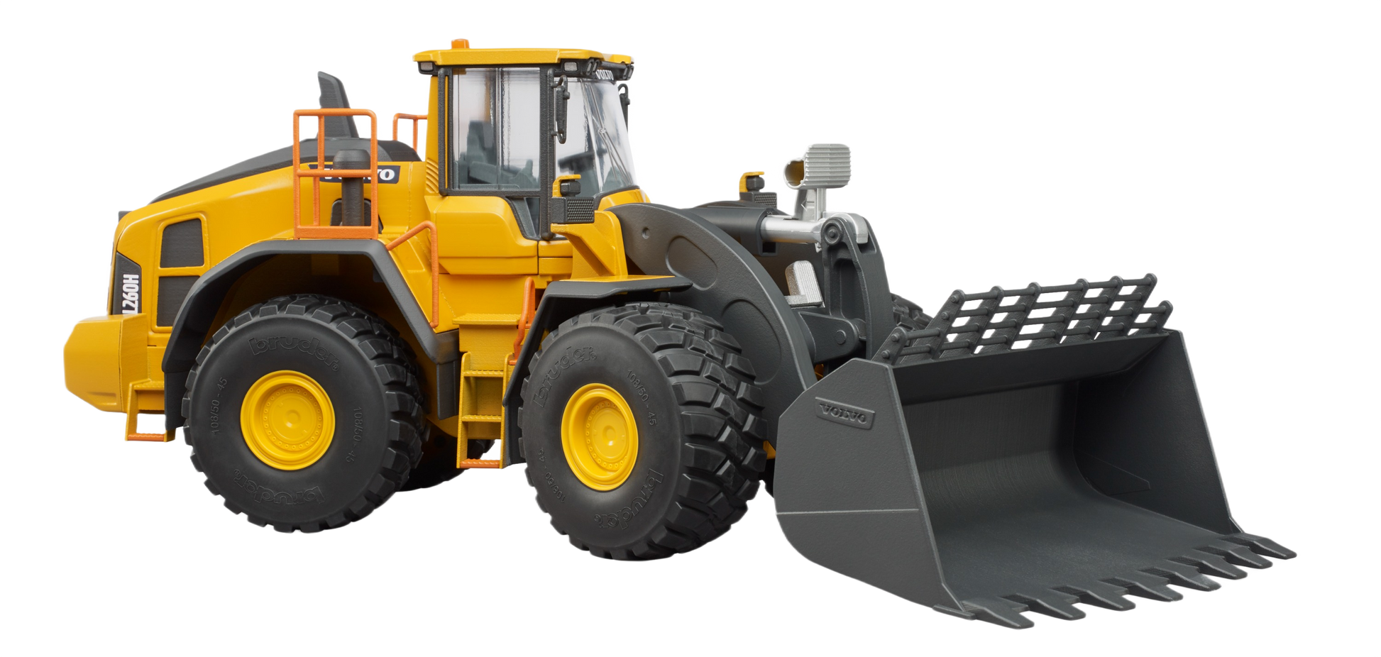 Yellow Bruder Volvo wheel loader toy with detailed cabin and large black bucket for realistic construction play
