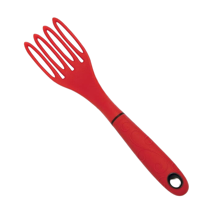 Red kitchen whisk and fork hybrid utensil with ergonomic grip for stirring and mixing in kitchen gadgets collection