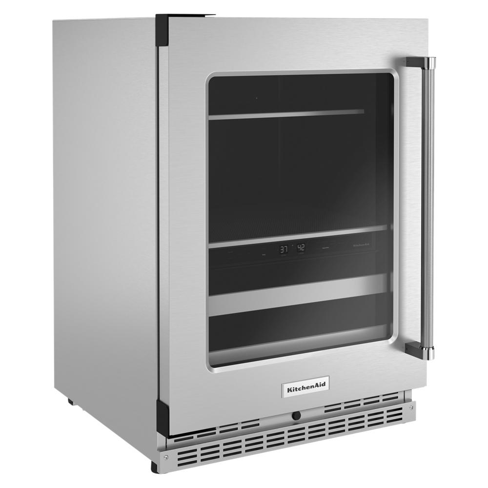 Undercounter beverage center with stainless steel frame, glass door, metal-front racks, and dual zone temperature controls