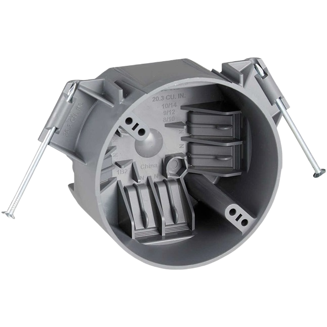 Gray PVC molded ceiling electrical box with metal mounting brackets for new construction applications