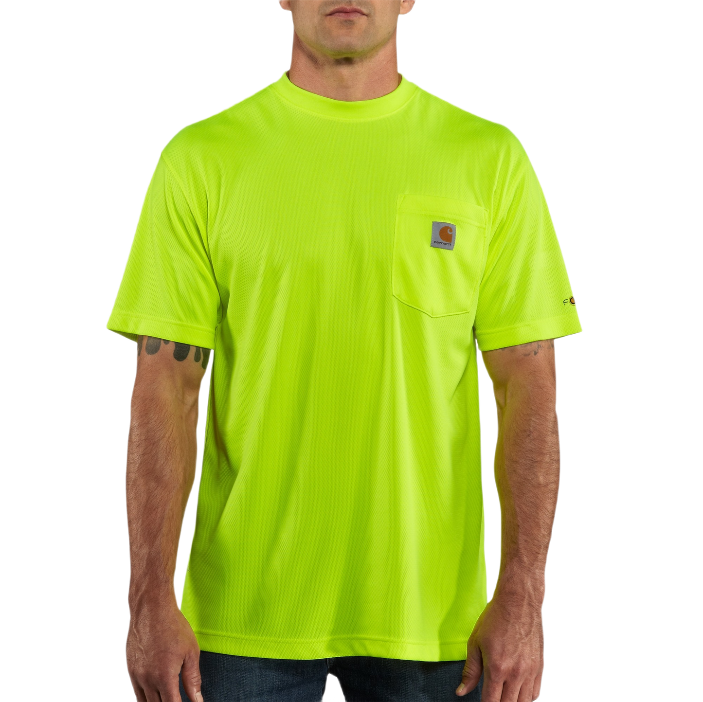 Man wearing bright yellow Carhartt short sleeve shirt with chest pocket, designed for safety and outdoor workwear