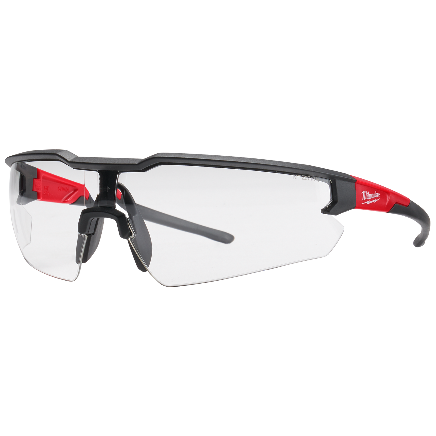 Clear fog-resistant lens safety glasses with black and red frame for protective eyewear and safety gear collections
