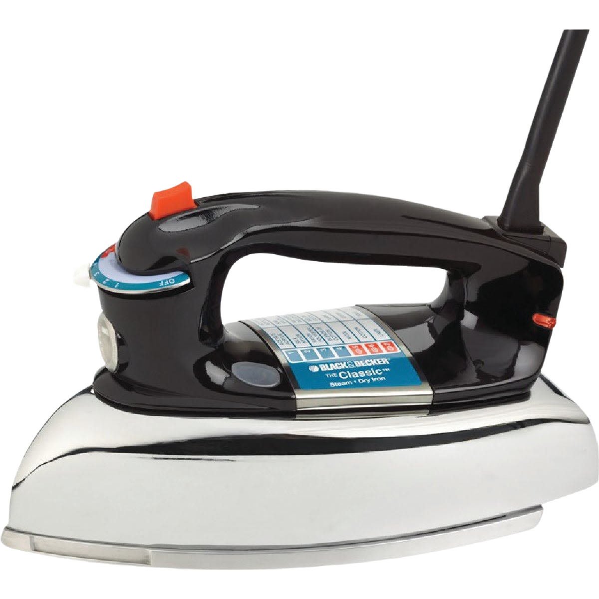 Classic black and silver steam iron with temperature dial for ironing in laundry supplies and household items collections