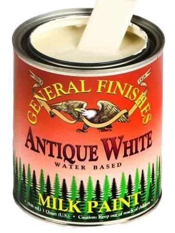 Open can of antique white milk paint with wooden stir stick for specialty paint and home improvement collections